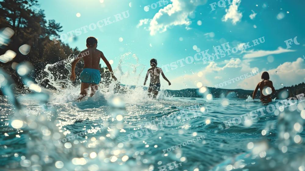На фотографии изображены дети, играющие в воде на пляже. Солнечный день и яркие брызги воды создают атмосферу веселья и беззаботности, характерную для летних каникул.